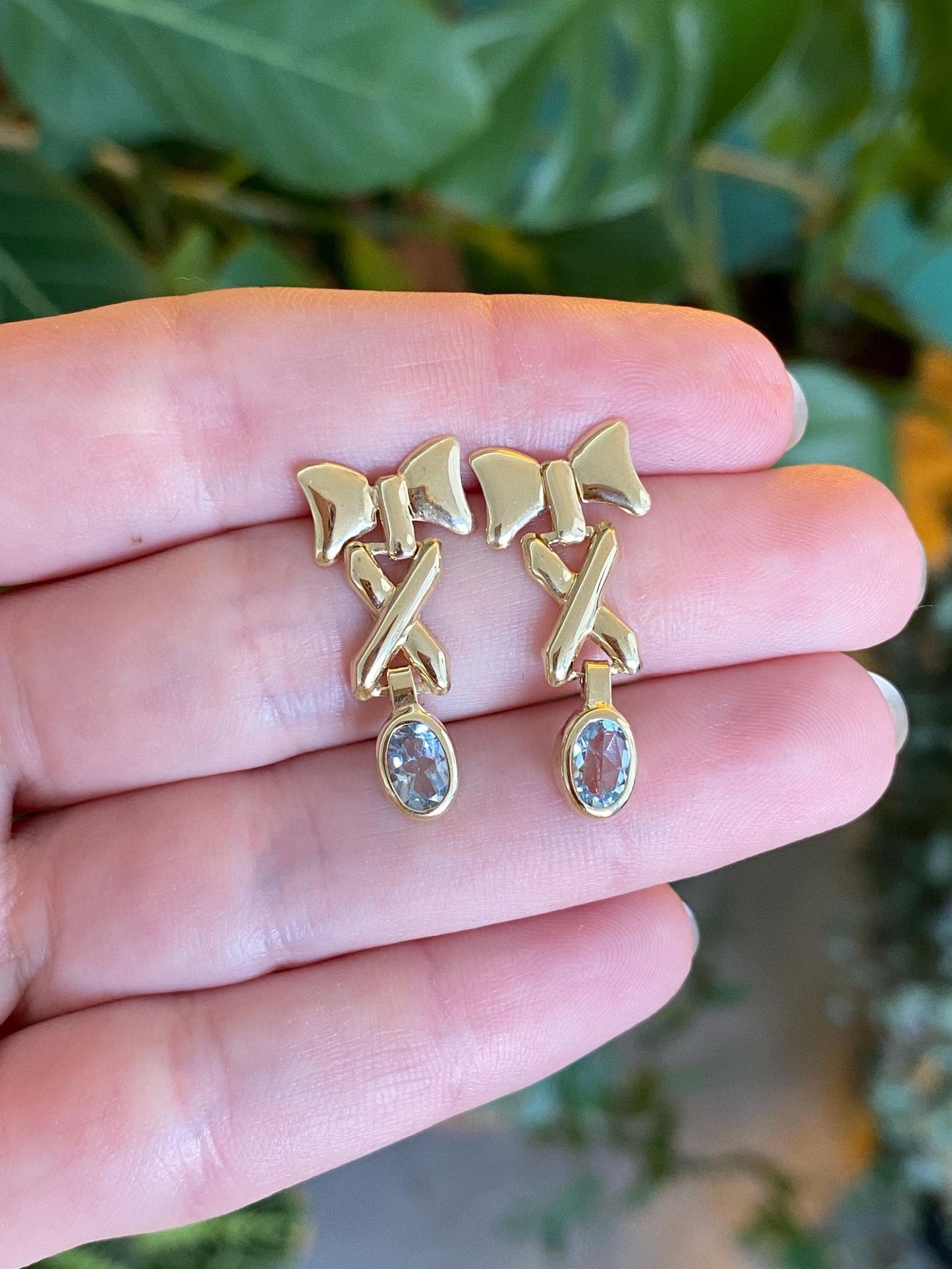 Vintage Solid 14k Yellow Gold Topaz Bow X Dangle Stud Earrings