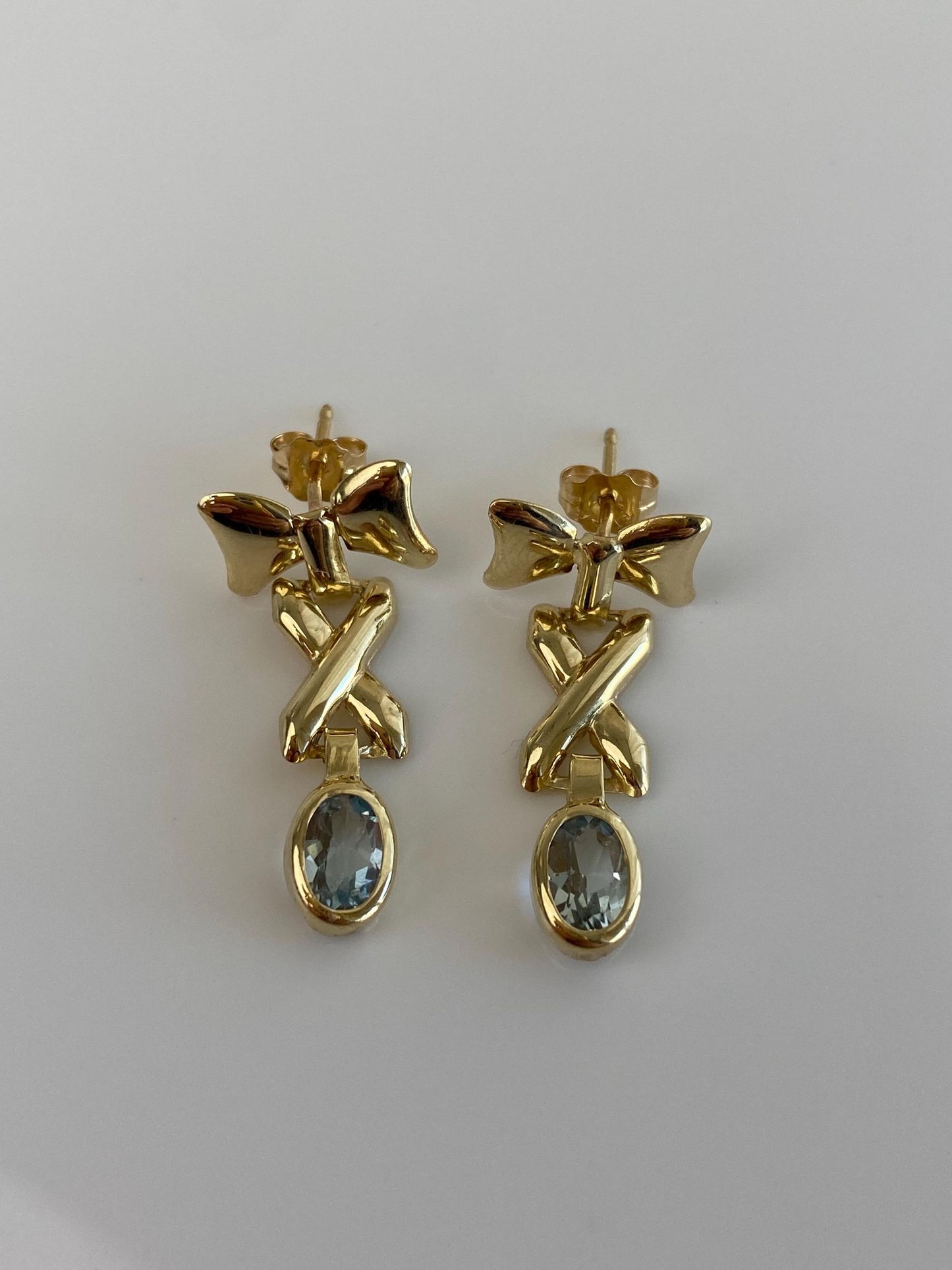 Vintage Solid 14k Yellow Gold Topaz Bow X Dangle Stud Earrings