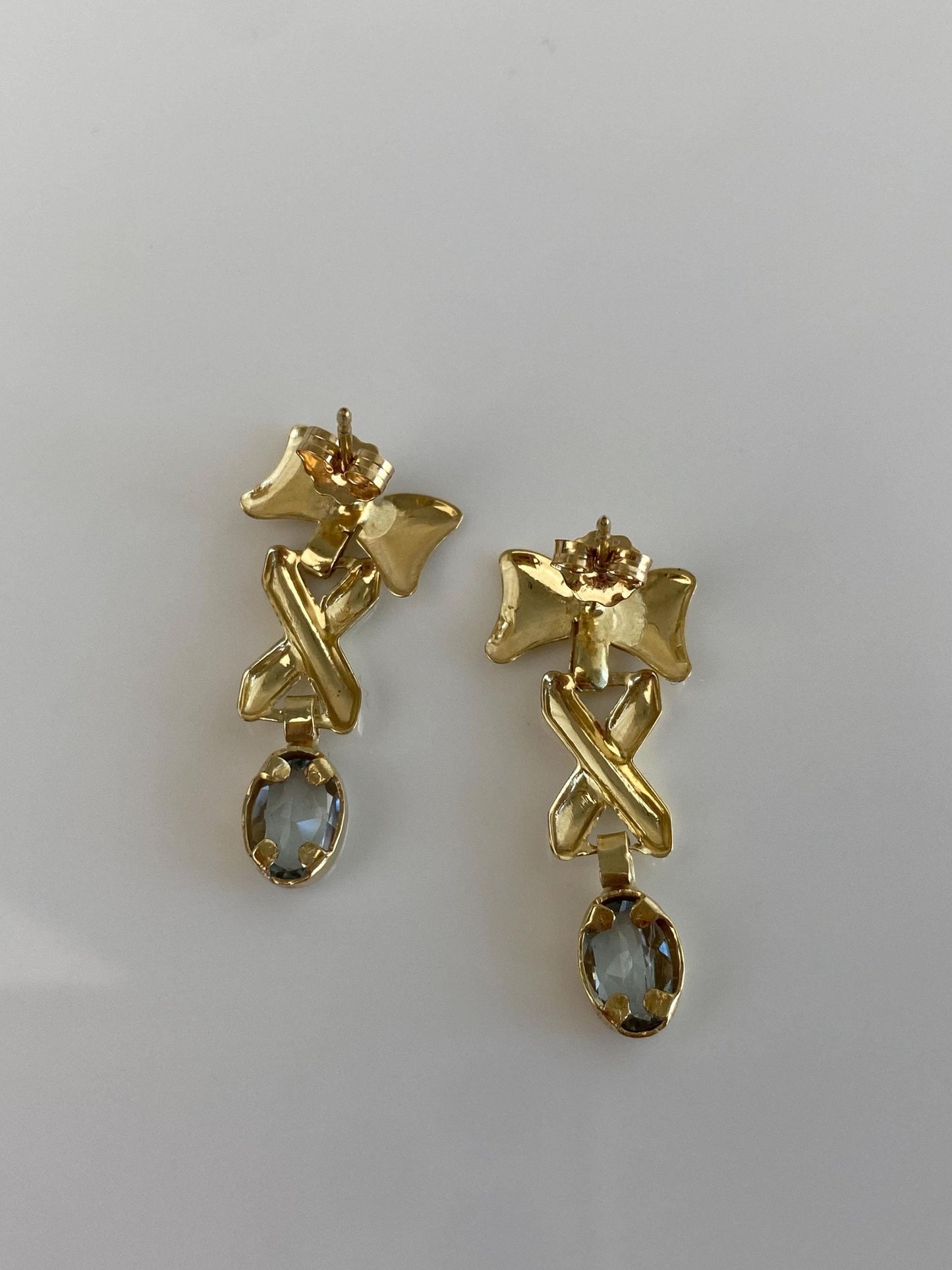 Vintage Solid 14k Yellow Gold Topaz Bow X Dangle Stud Earrings