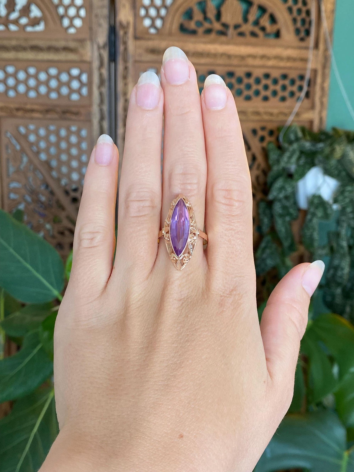 Vintage Solid 14k Rose Gold Faceted Purple Sapphire Flowers Design Ring - Size 10