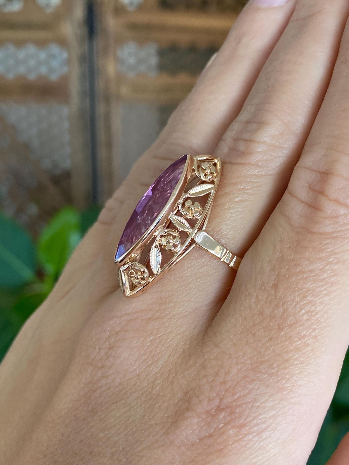 Vintage Solid 14k Rose Gold Faceted Purple Sapphire Flowers Design Ring - Size 10