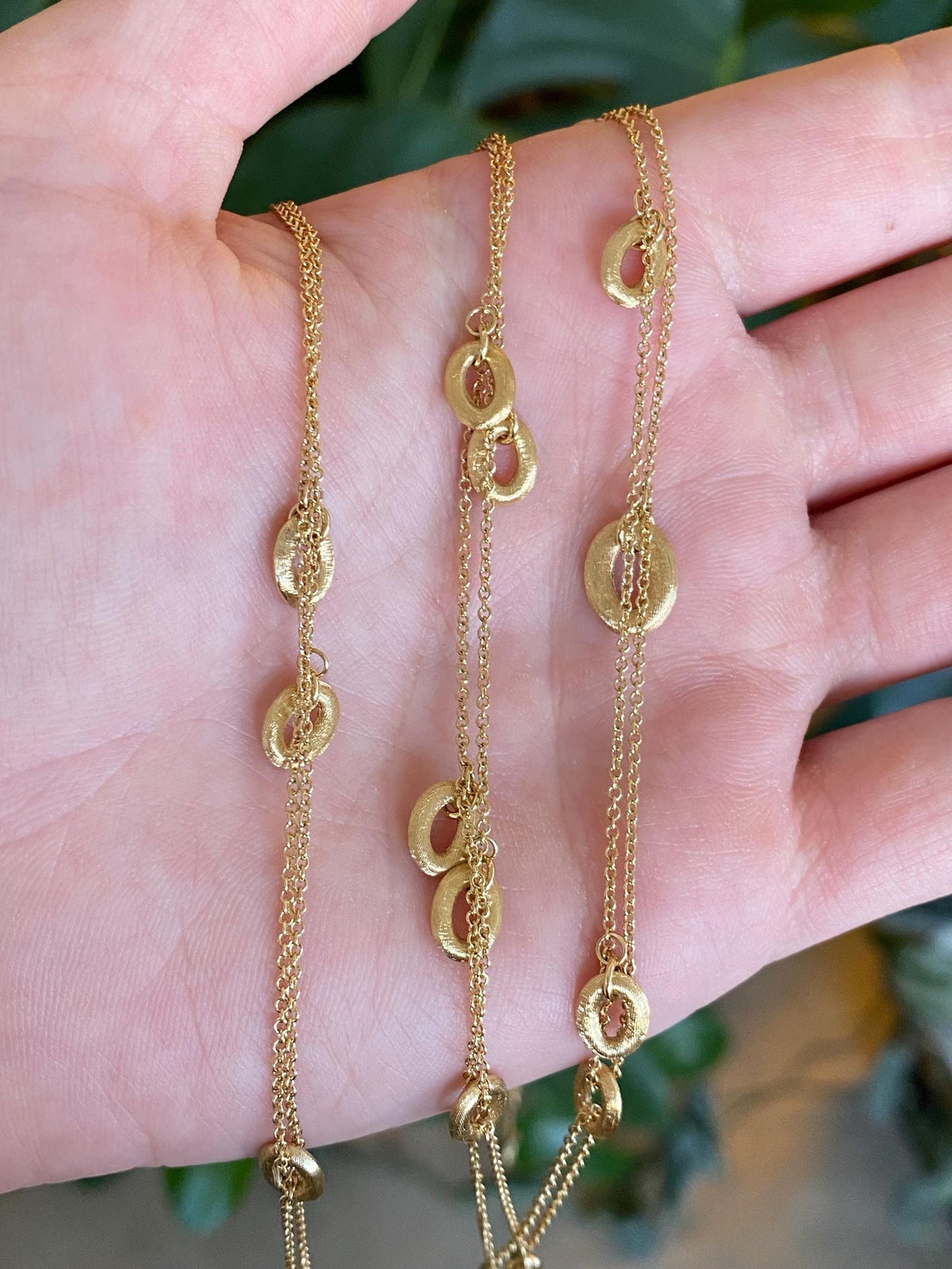 Vintage Solid 18k Yellow Gold Long Double Strand Satin Oval Link Rolo Chain Necklace - 33 inches