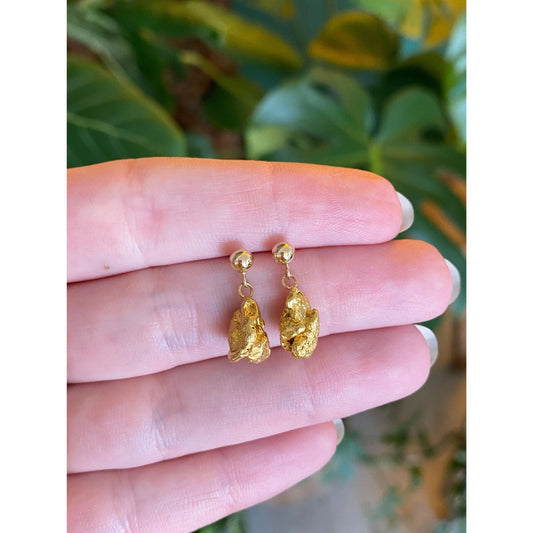 Vintage Solid 14k & 21k Yellow Gold Nugget Dangle Stud Earrings