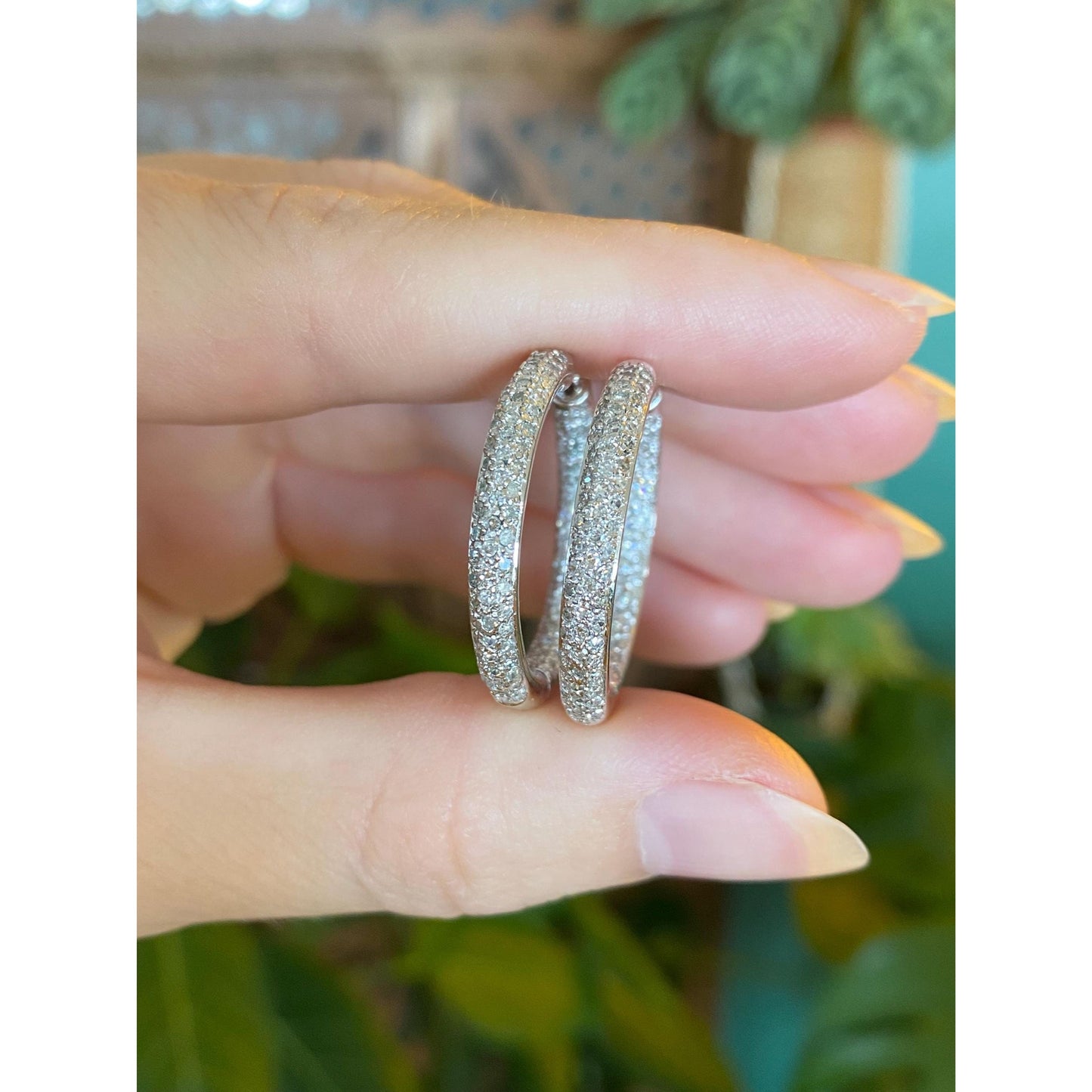 Vintage 14k White Gold Diamond Hoop Earrings