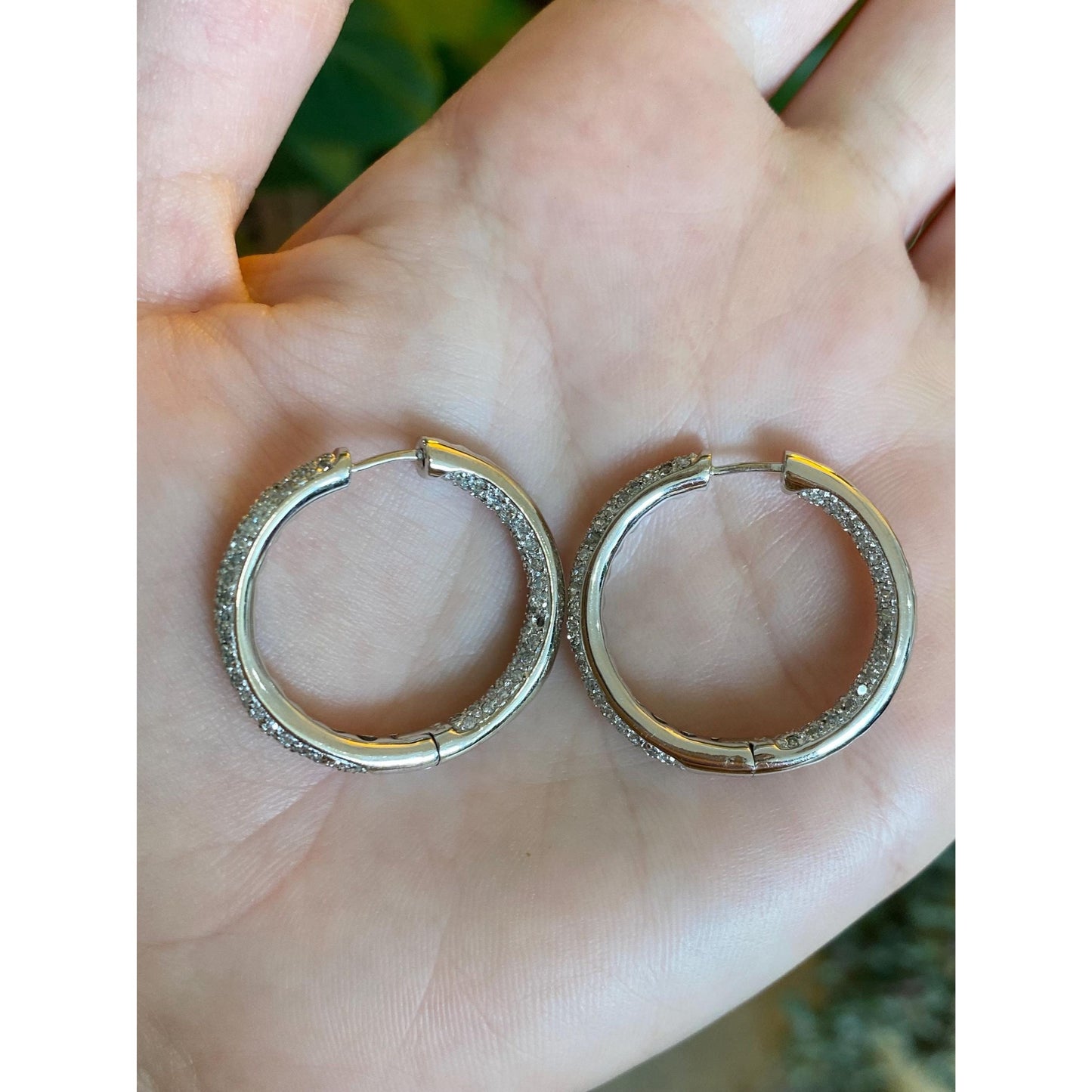 Vintage 14k White Gold Diamond Hoop Earrings