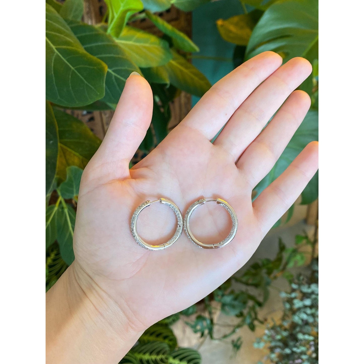 Vintage 14k White Gold Diamond Hoop Earrings