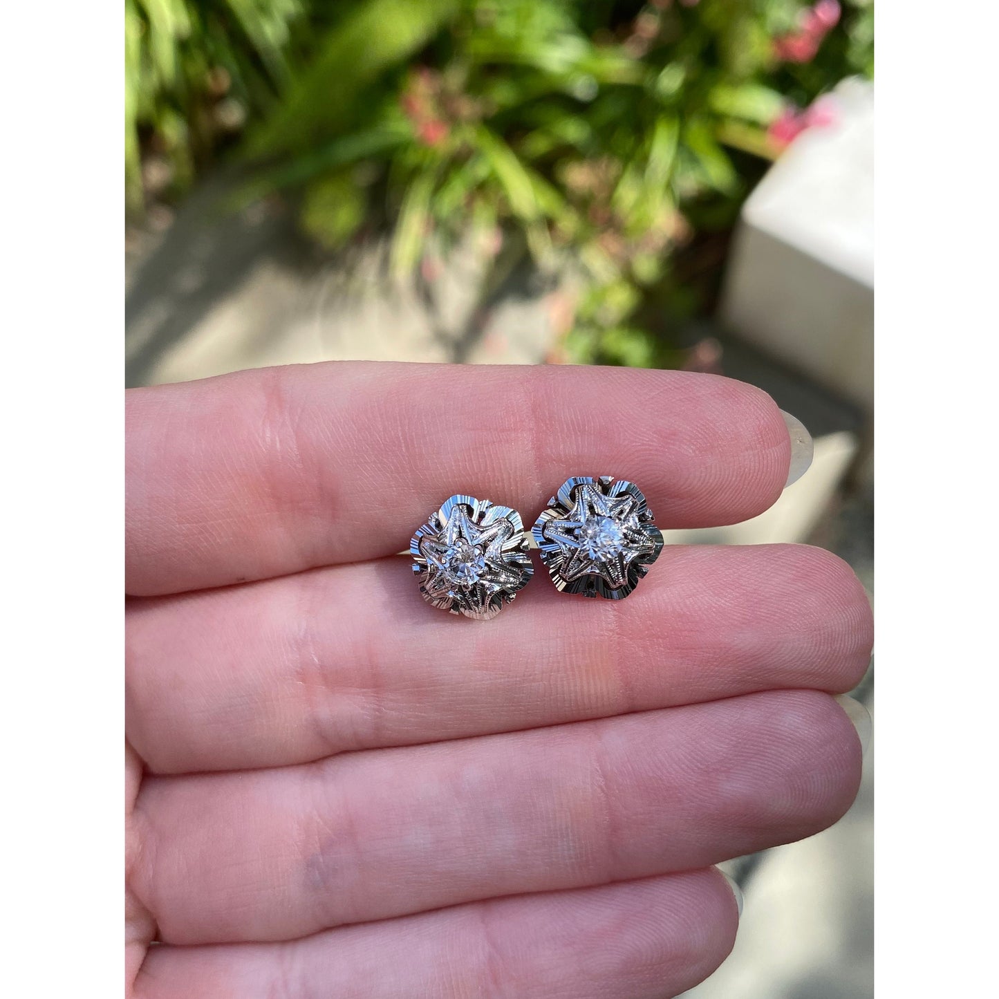 Vintage Solid 14k White Gold Quartz Stud Earrings