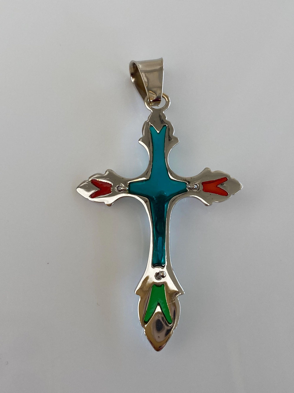 Vintage Solid 14k White Gold Green Red Enamel Crucifix Charm