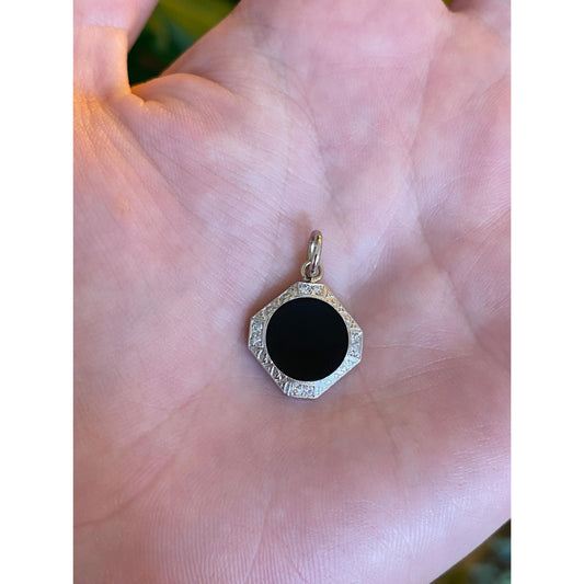Vintage Solid 14k White Gold Diamond Onyx Cufflink Conversion Charm