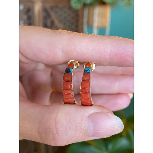 Vintage Solid 14k Yellow Gold Coral & Turquoise Drop Earrings