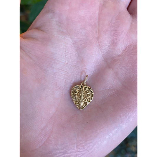 Solid 14k Yellow Gold Open Work Filigree Heart Charm