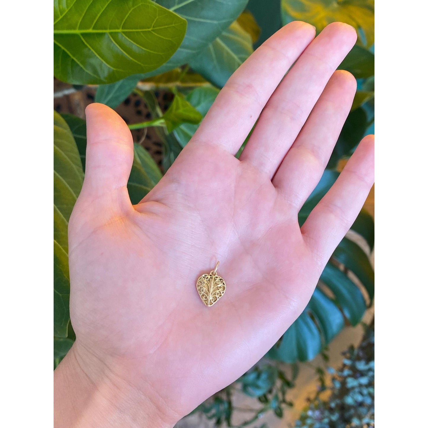 Solid 14k Yellow Gold Open Work Filigree Heart Charm