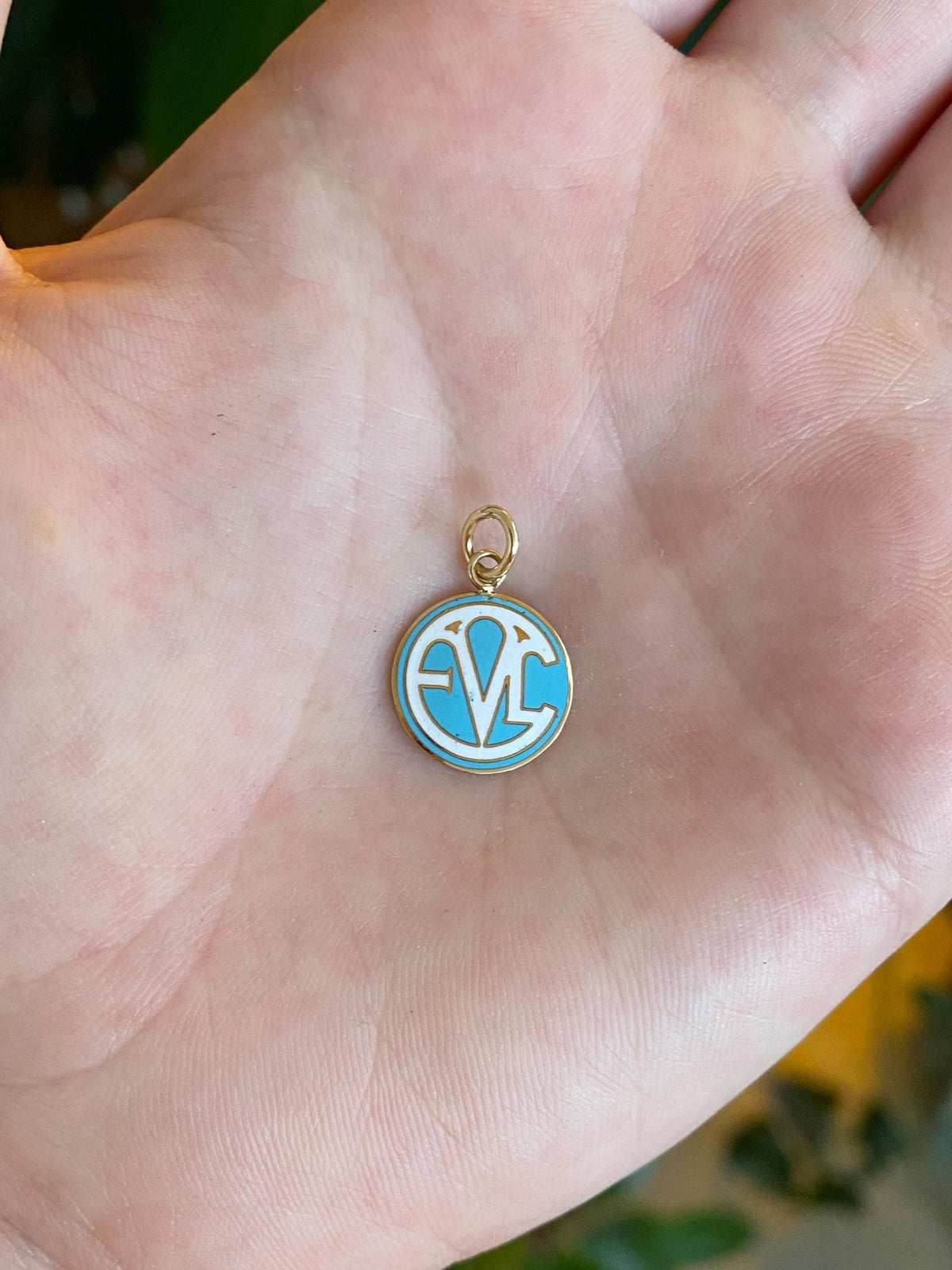 Vintage Solid 10k Yellow Gold Blue & White Enamel Charm