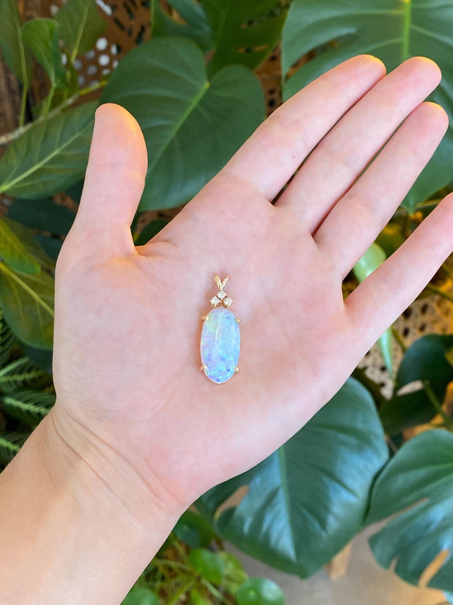 Solid 14k Yellow Gold Diamonds Opal Charm
