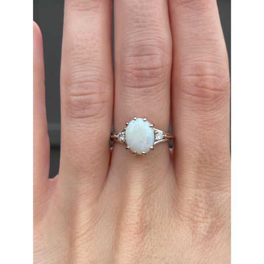 Vintage Solid 14k White Gold Diamond Opal Ring - Size 6.5