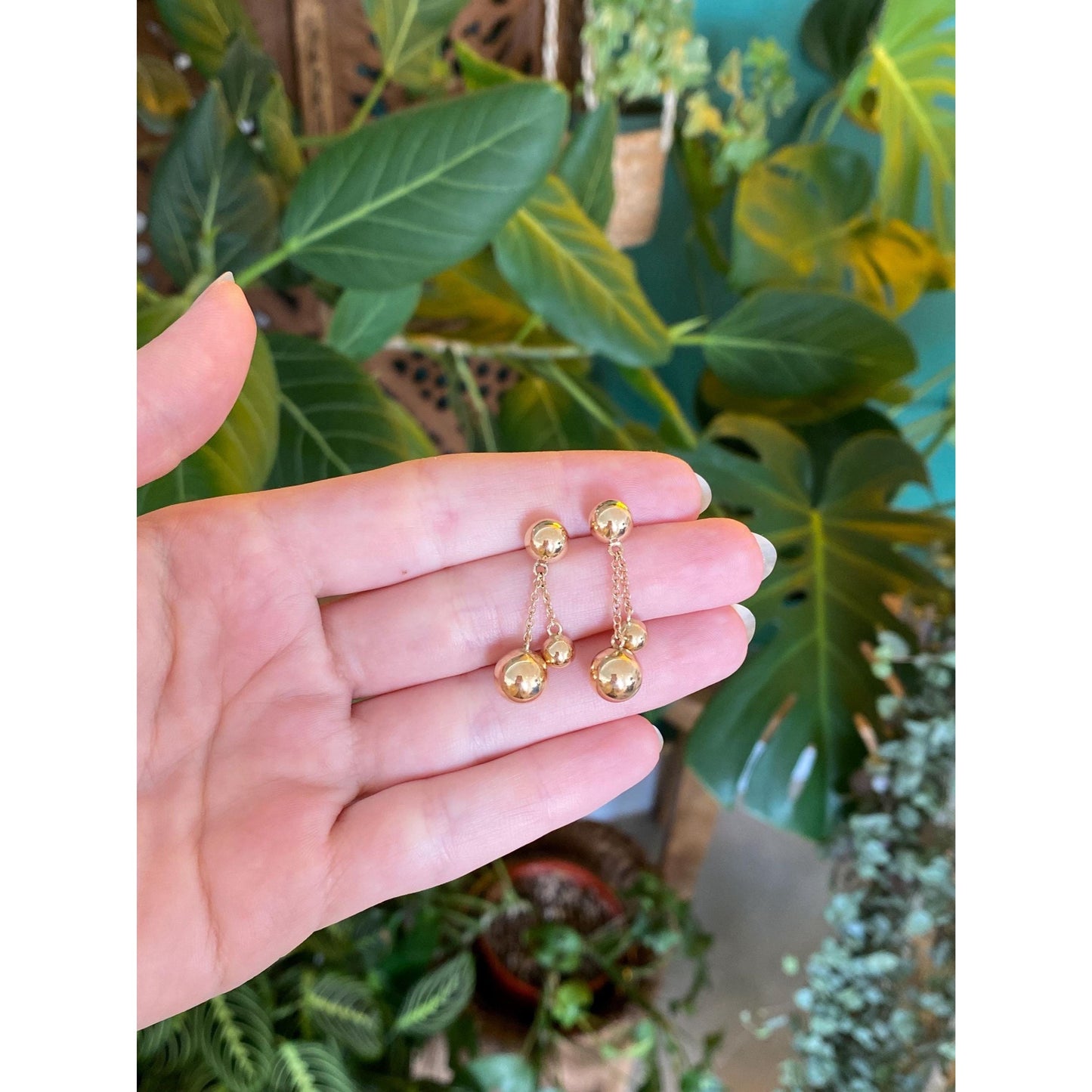 Vintage 14k Yellow Gold Ball Chain Dangle Stud Earrings