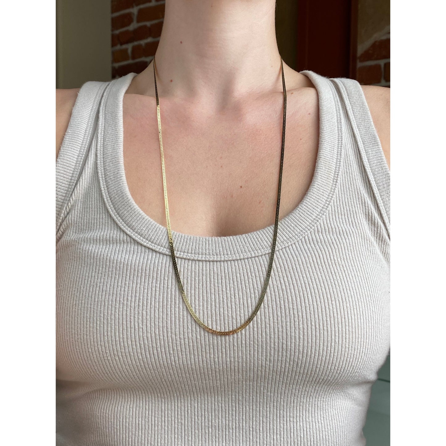 Vintage Solid 14k Yellow Gold Long Herringbone Chain Necklace - 28.5 inches
