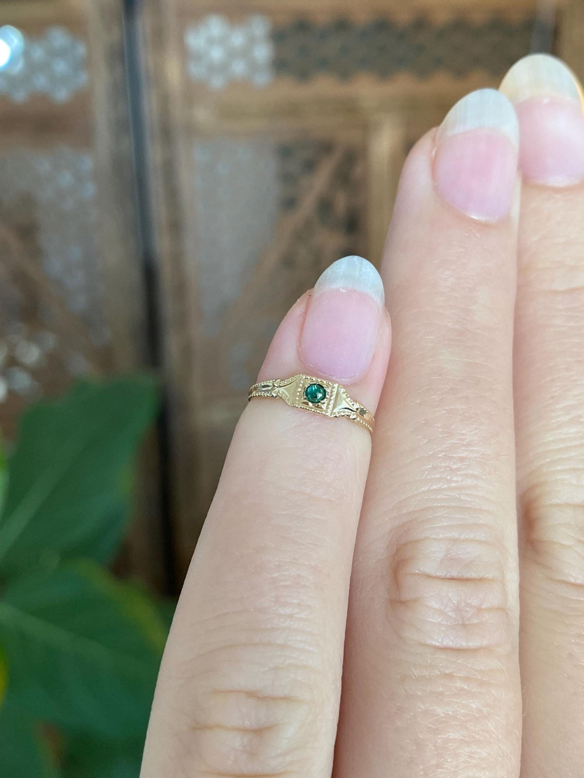 Vintage Solid 10k Yellow Gold Green Cubic Zirconia Designed Baby Ring