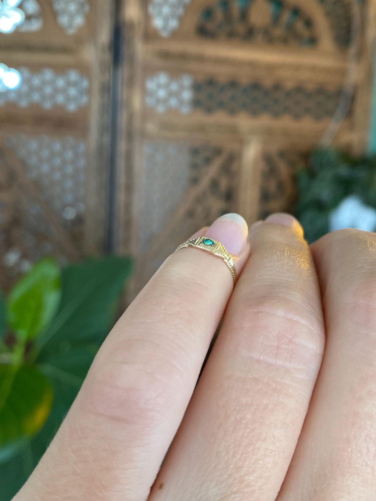 Vintage Solid 10k Yellow Gold Green Cubic Zirconia Designed Baby Ring