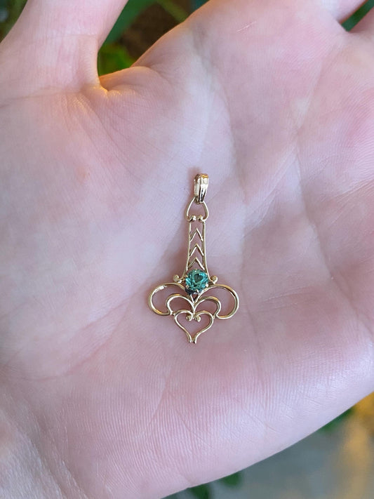 Vintage Solid 10k Yellow Gold Light Green Blue Quartz Charm