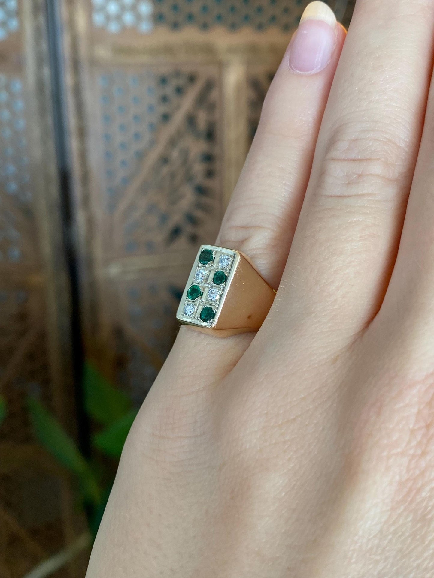 Vintage Solid 14k Yellow Gold Diamond Emerald Signet Style Ring - Size 4.5