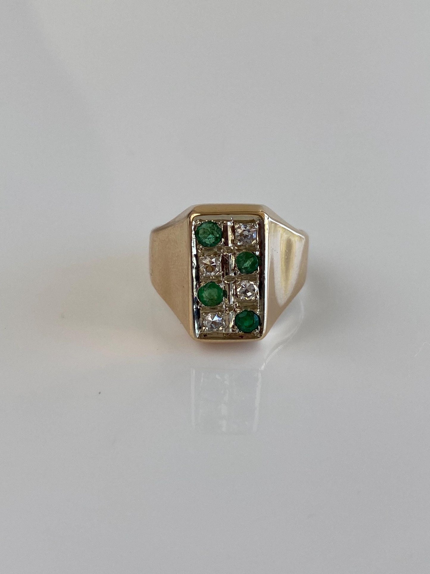 Vintage Solid 14k Yellow Gold Diamond Emerald Signet Style Ring - Size 4.5