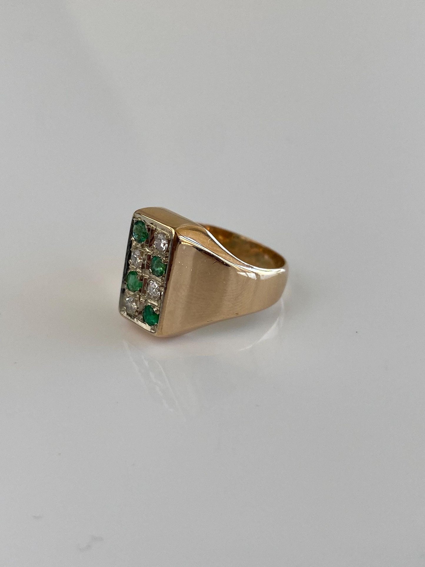 Vintage Solid 14k Yellow Gold Diamond Emerald Signet Style Ring - Size 4.5