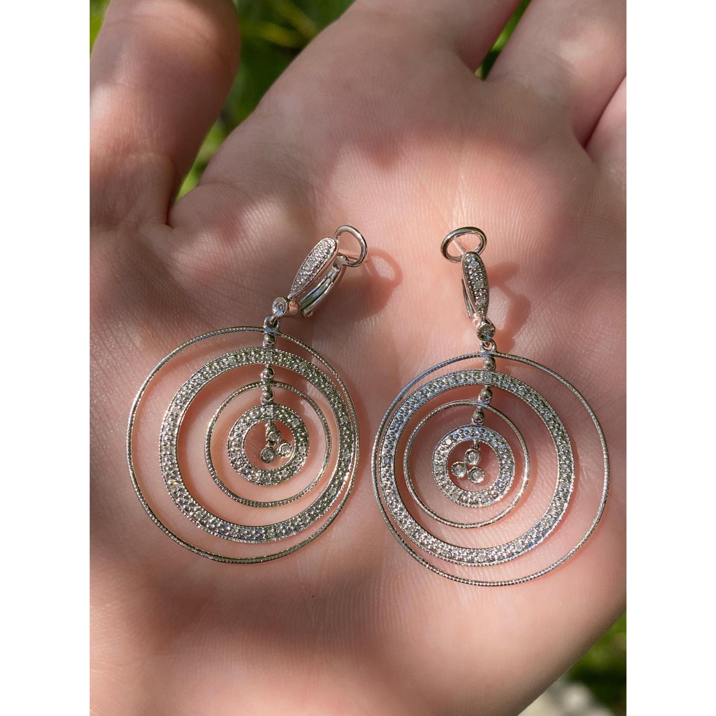 Solid 14k White Gold Diamond Circles Dangle Earrings