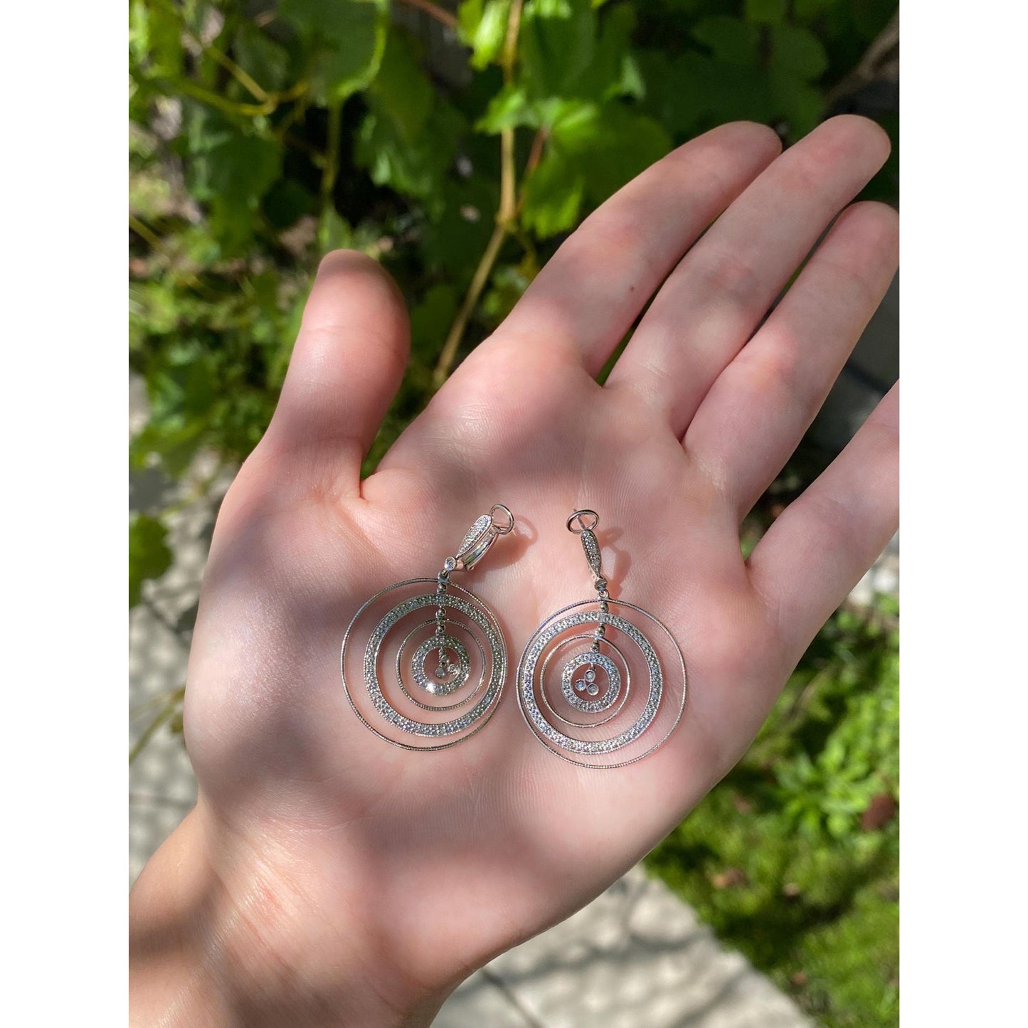 Solid 14k White Gold Diamond Circles Dangle Earrings