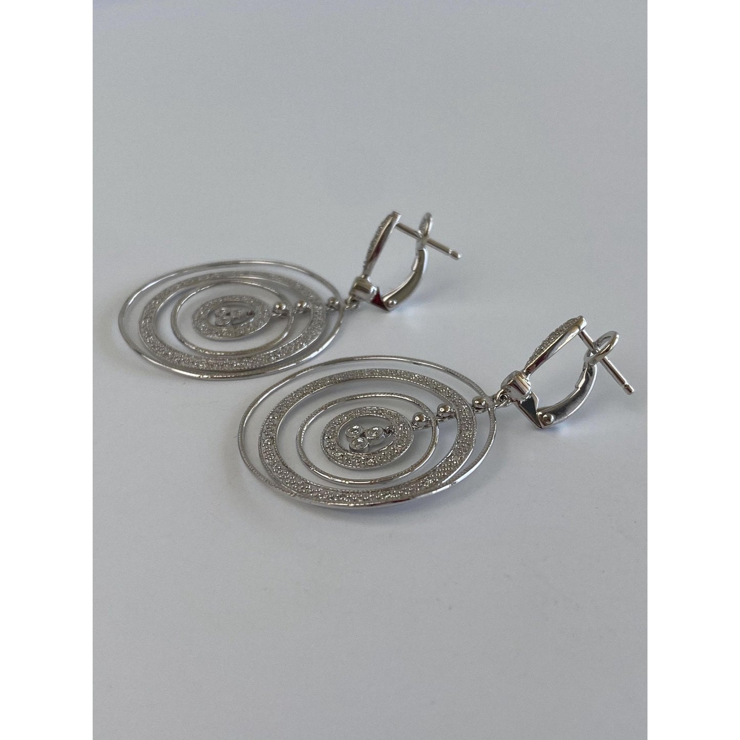 Solid 14k White Gold Diamond Circles Dangle Earrings
