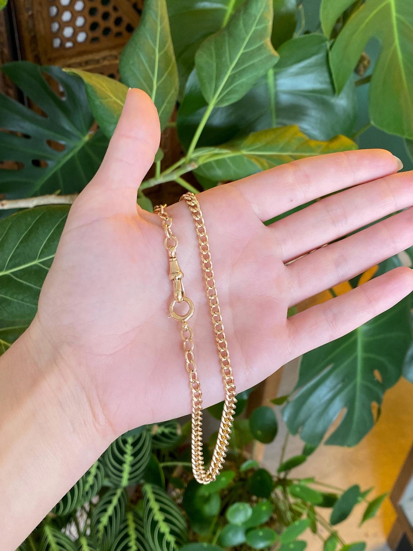 Vintage Solid 9k Yellow Gold Pocket Watch Curb Chain Necklace - 17 inches