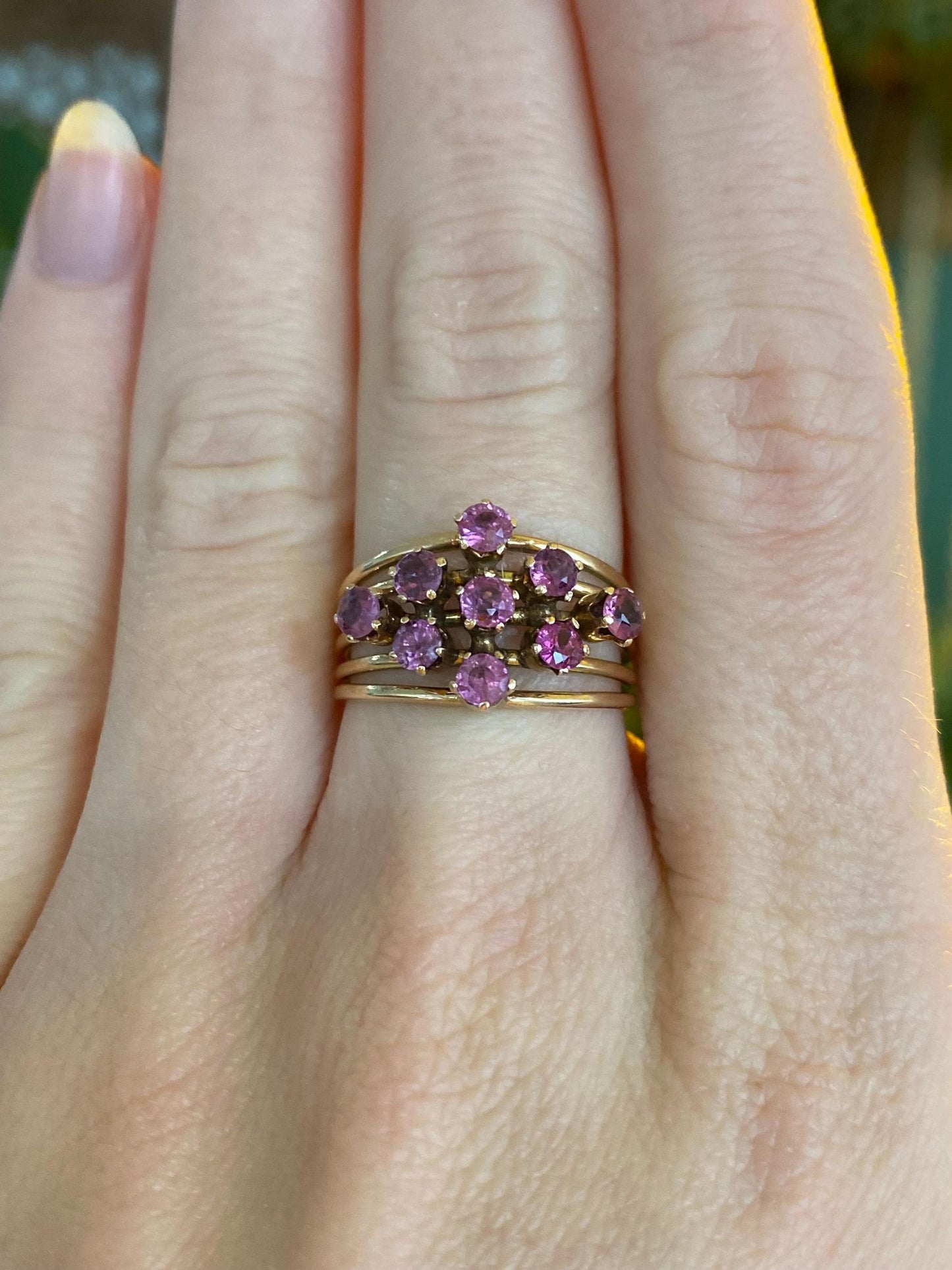 Vintage Solid 14k Yellow Gold Pink Spinel Cluster Ring - Size 6