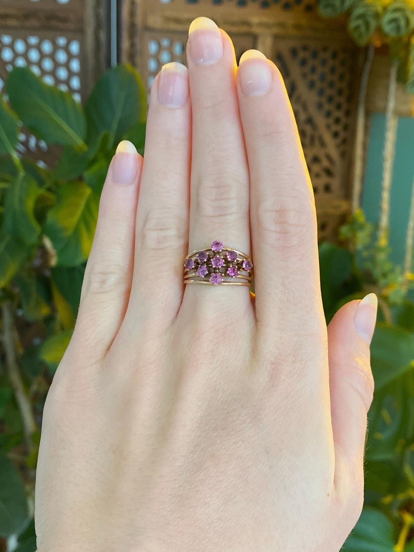 Vintage Solid 14k Yellow Gold Pink Spinel Cluster Ring - Size 6