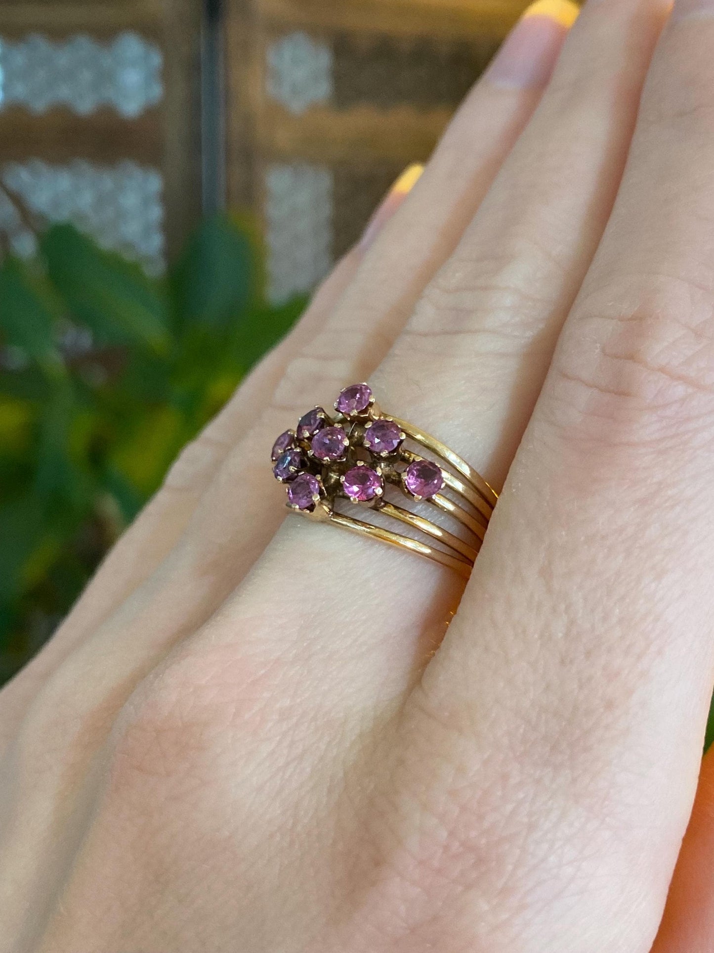 Vintage Solid 14k Yellow Gold Pink Spinel Cluster Ring - Size 6