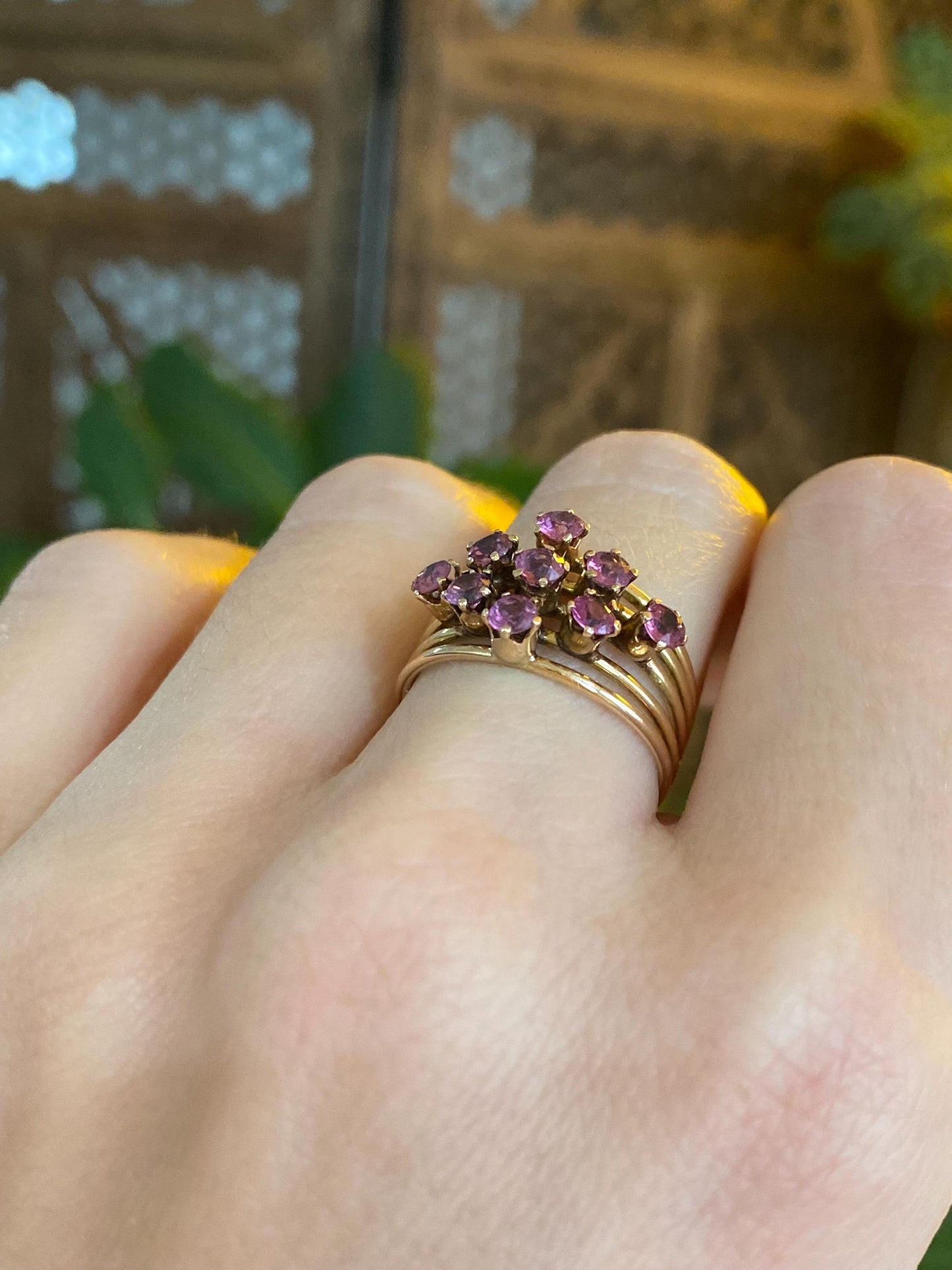 Vintage Solid 14k Yellow Gold Pink Spinel Cluster Ring - Size 6
