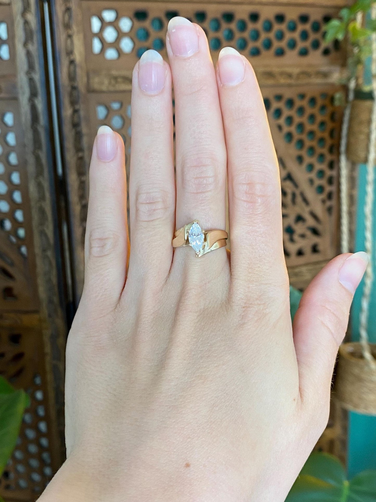 Vintage Solid 14k Yellow Gold Marquis Cubic Zirconia Ring - Size 6.25