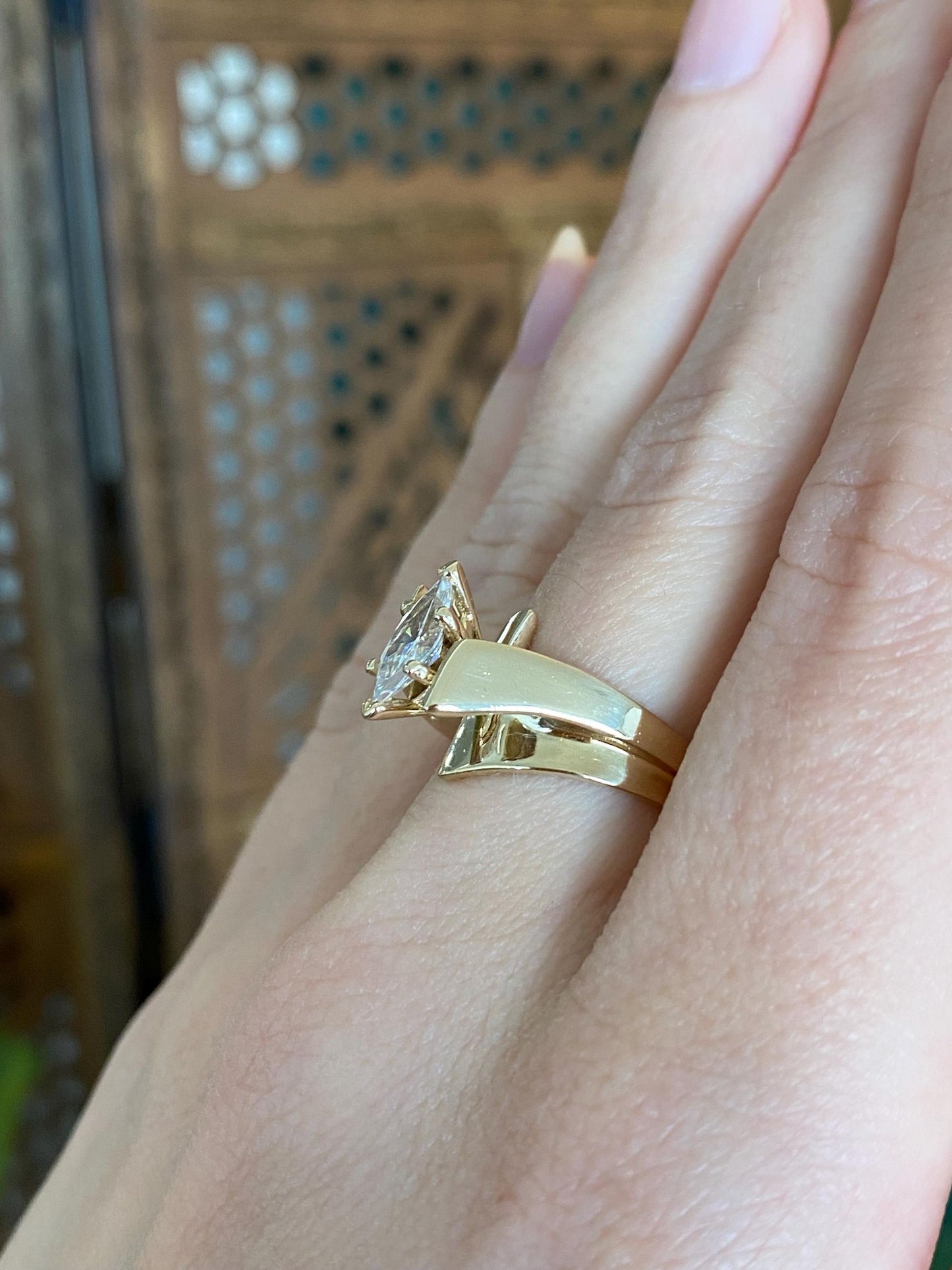 Vintage Solid 14k Yellow Gold Marquis Cubic Zirconia Ring - Size 6.25