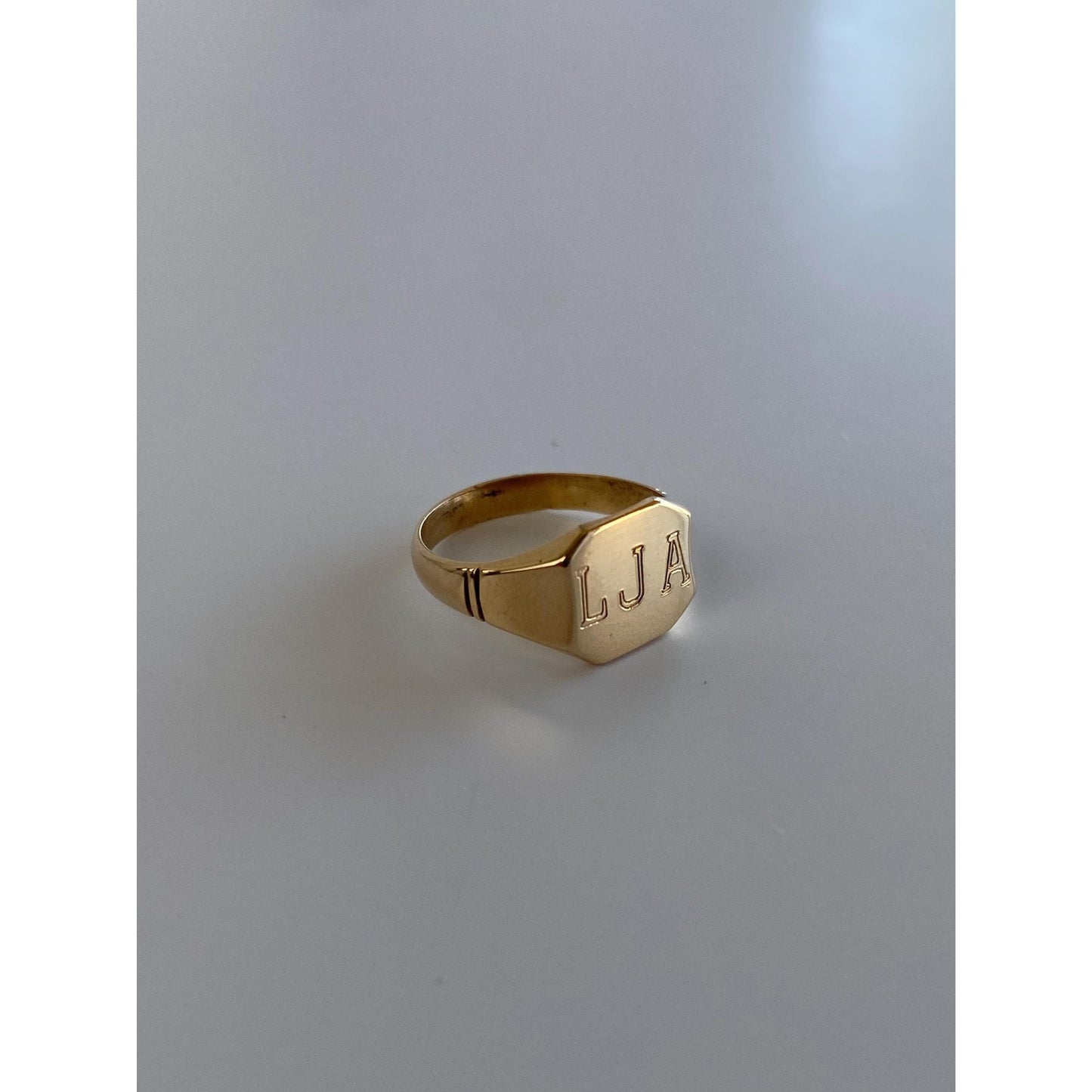 Vintage Solid 10k Yellow Gold Engraved LJA Signet Ring - Size 2.25