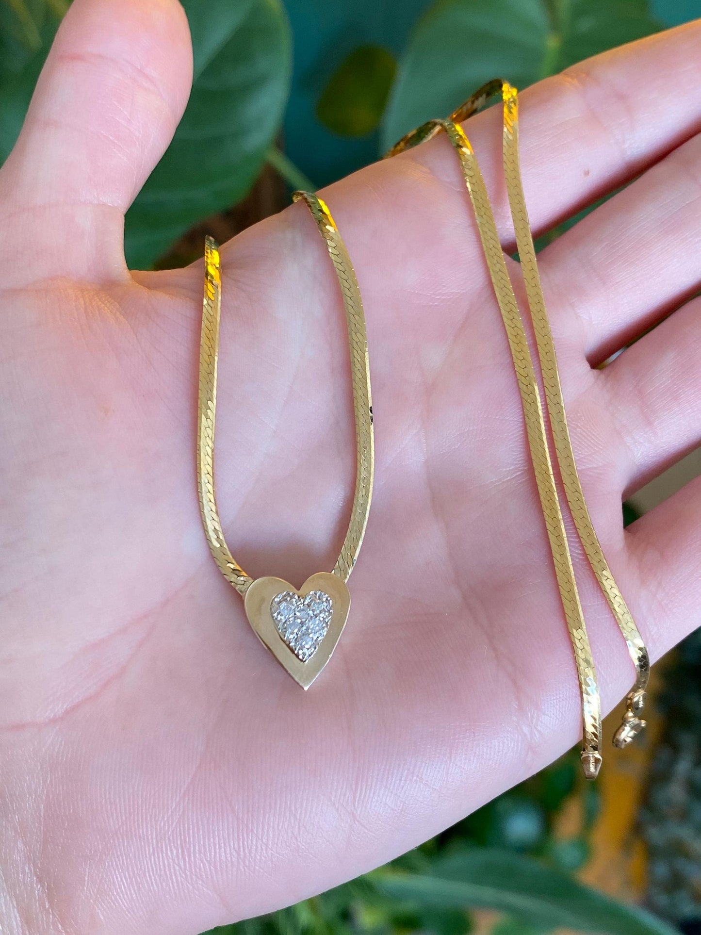 Vintage Solid 14k White & Yellow Gold Diamond Heart Herringbone Chain Necklace - 18 inches