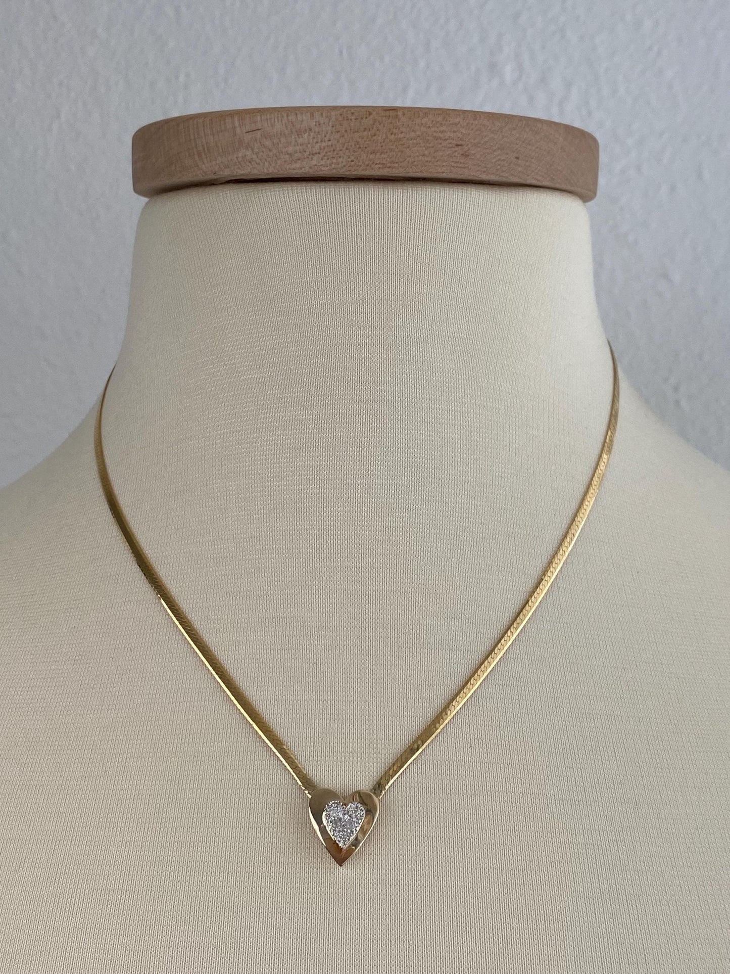 Vintage Solid 14k White & Yellow Gold Diamond Heart Herringbone Chain Necklace - 18 inches