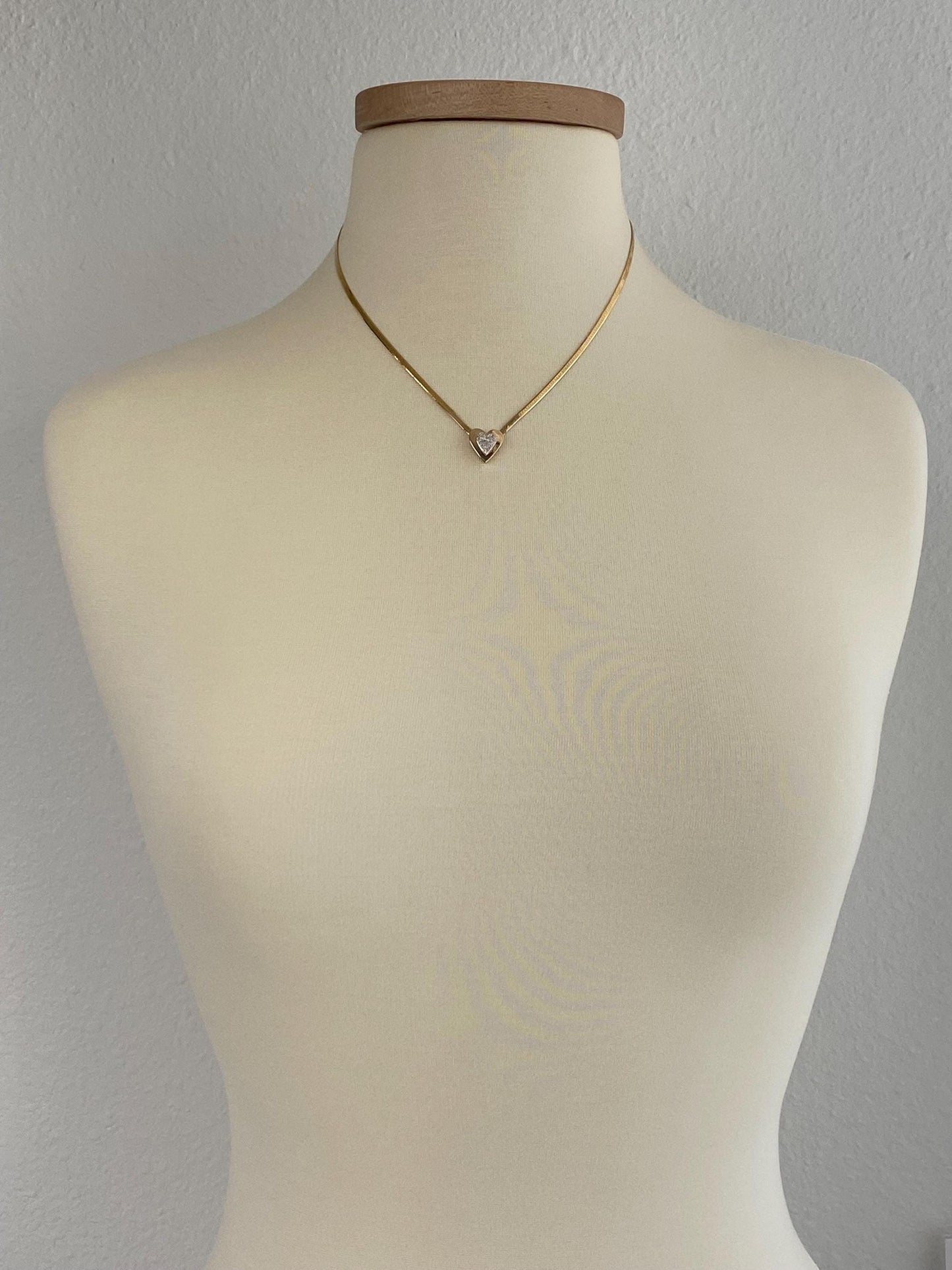 Vintage Solid 14k White & Yellow Gold Diamond Heart Herringbone Chain Necklace - 18 inches