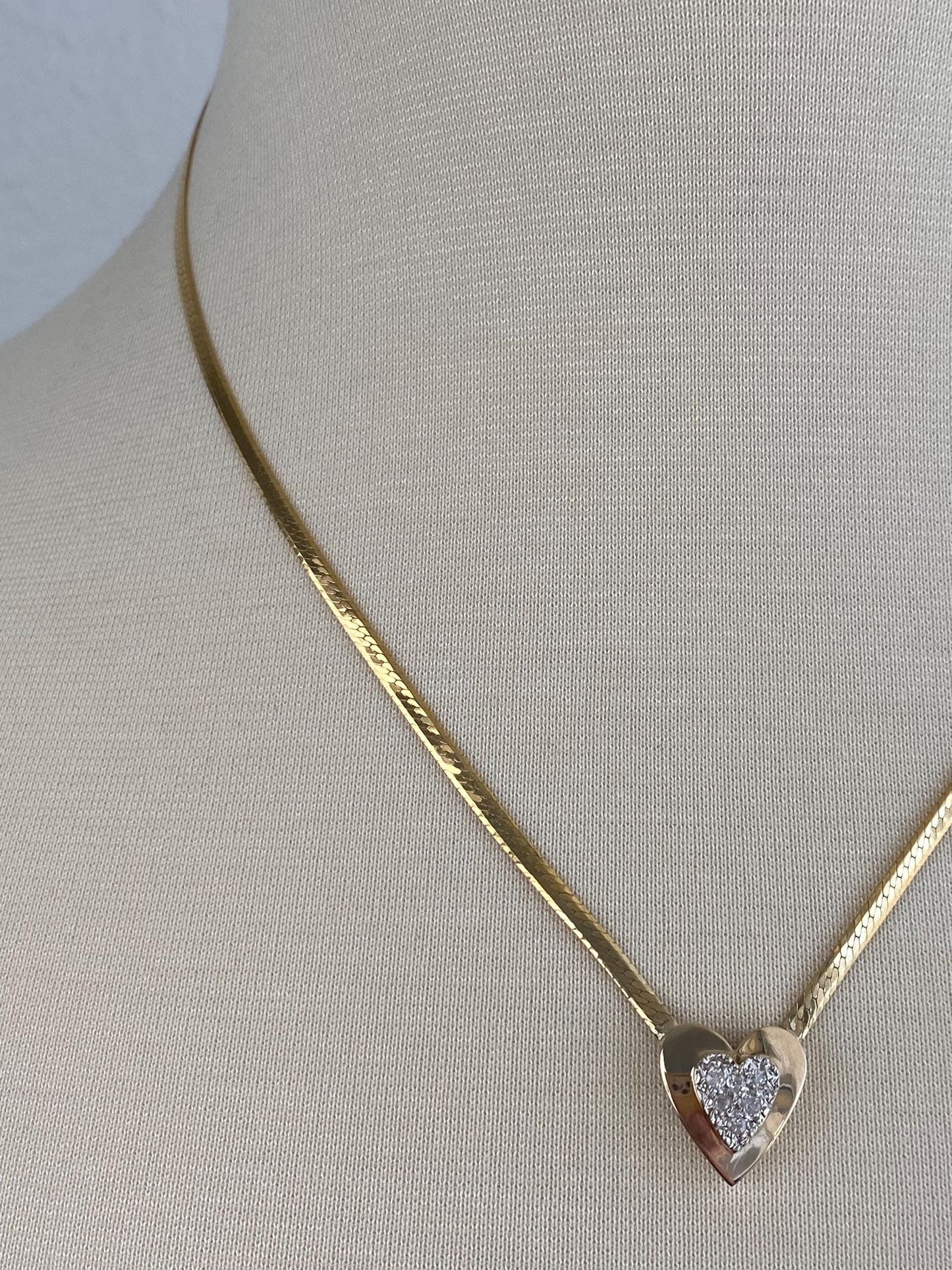 Vintage Solid 14k White & Yellow Gold Diamond Heart Herringbone Chain Necklace - 18 inches