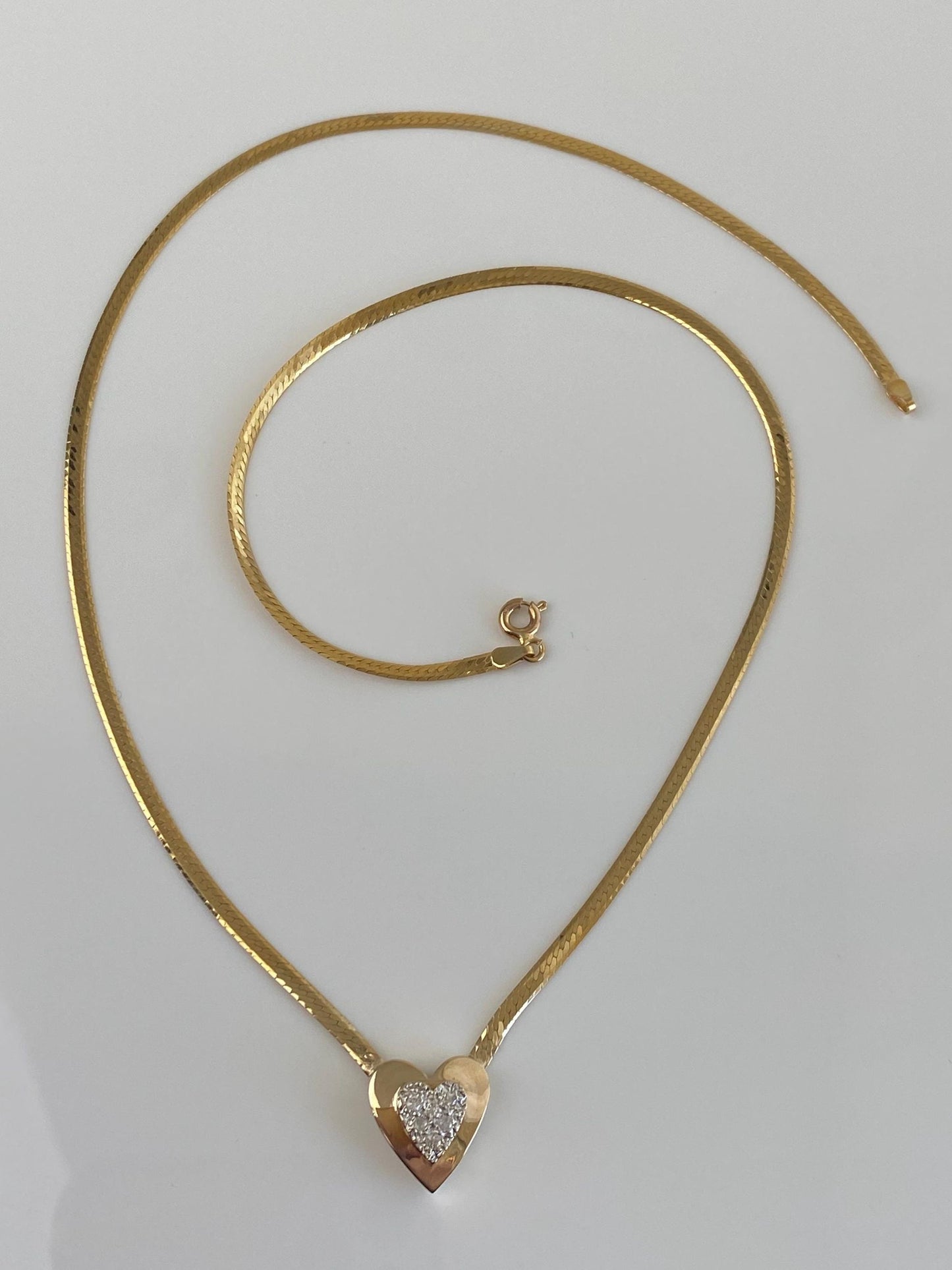 Vintage Solid 14k White & Yellow Gold Diamond Heart Herringbone Chain Necklace - 18 inches