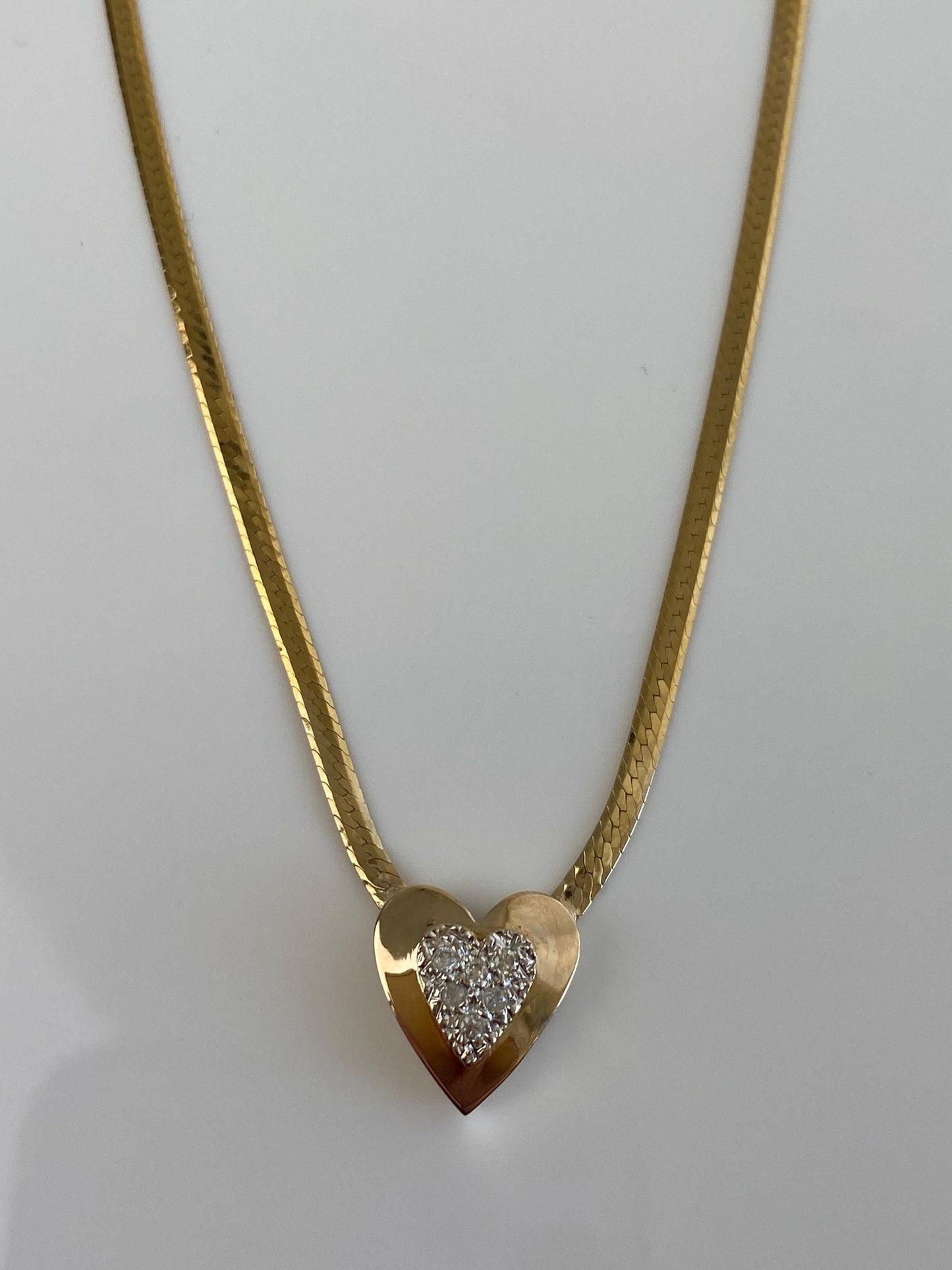 Vintage Solid 14k White & Yellow Gold Diamond Heart Herringbone Chain Necklace - 18 inches