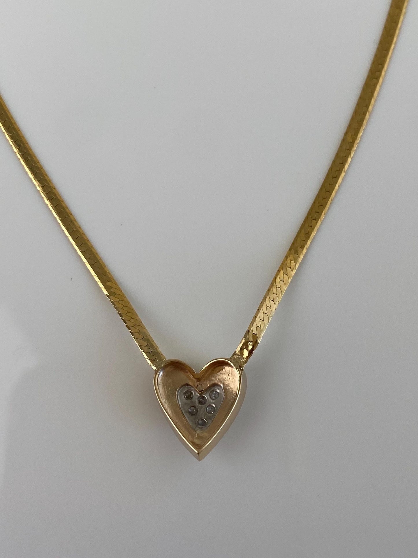 Vintage Solid 14k White & Yellow Gold Diamond Heart Herringbone Chain Necklace - 18 inches