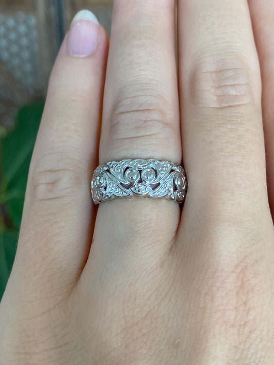 Vintage Solid 14k White Gold Scroll Open Work Ring Band - Size 6
