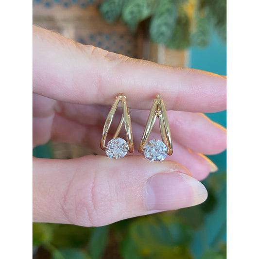 Vintage 14k Yellow Gold Cubic Zirconia Loop Hoop Earrings