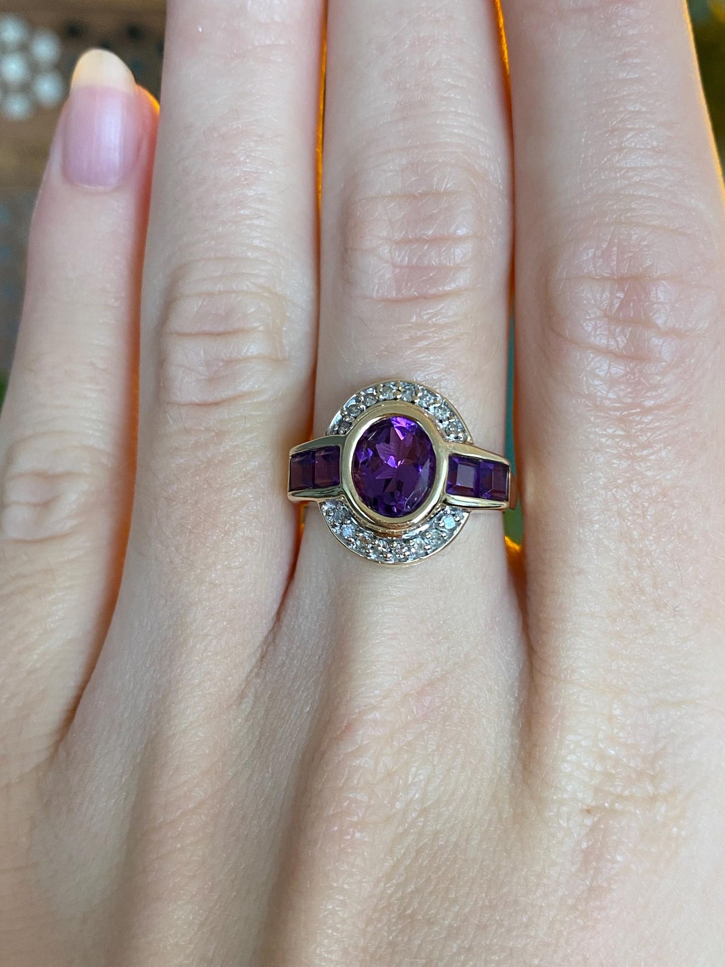 Vintage Solid 14k Yellow Gold Diamond Halo Amethyst Ring - Size 6.5