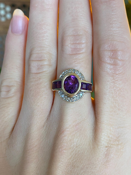 Vintage Solid 14k Yellow Gold Diamond Halo Amethyst Ring - Size 6.5