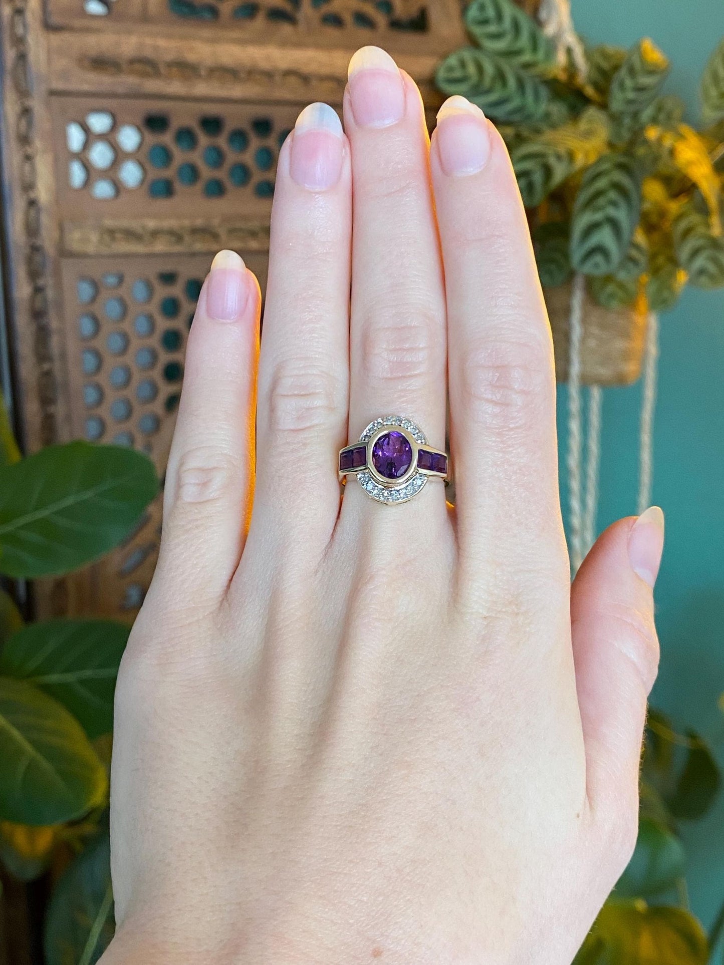 Vintage Solid 14k Yellow Gold Diamond Halo Amethyst Ring - Size 6.5